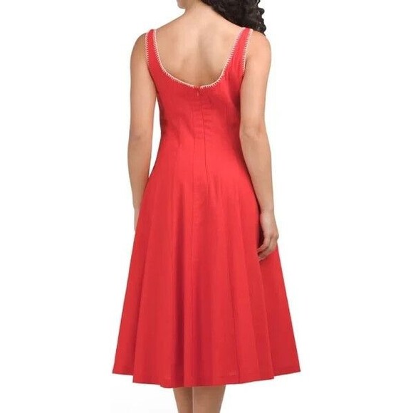 Caroline Constas womens Linen Blend Fit & Flare Midi Dress size 8 Red Whipstitch - Picture 2 of 8